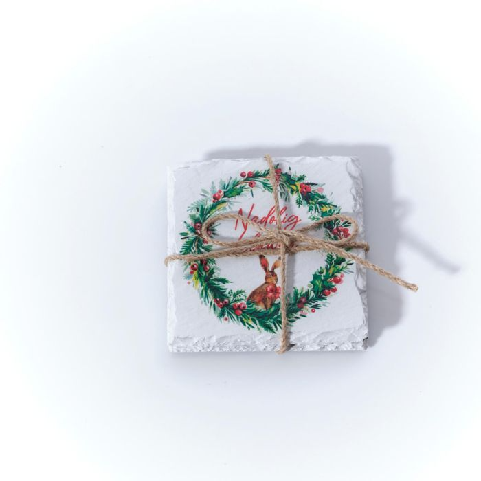 Nadolig Llawen slate coasters - frosted forest - set of 2