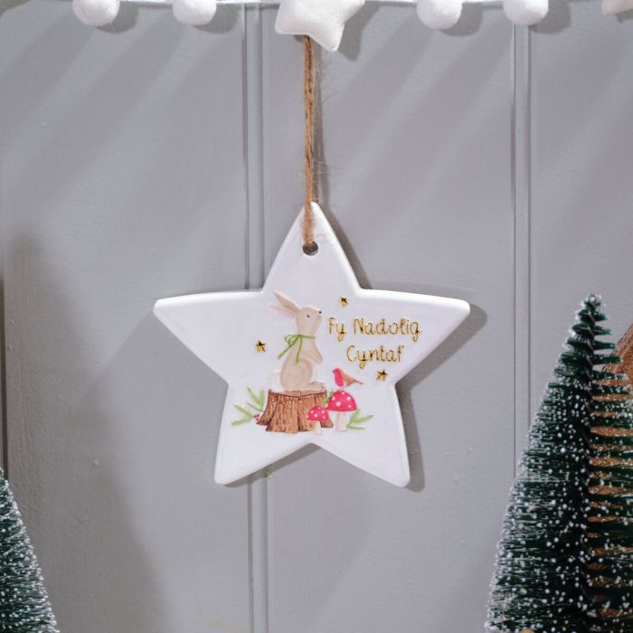 Welsh First Christmas Star Hanger - Nadolig Cyntaf - Winter Wonderland