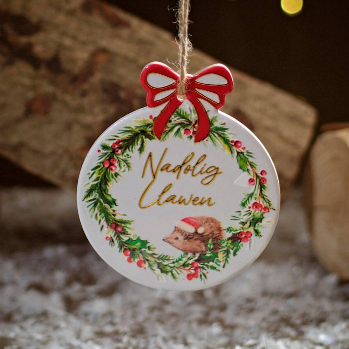 Ceramic Christmas 'Nadolig Llawen' Bauble Decoration - Hedgehog