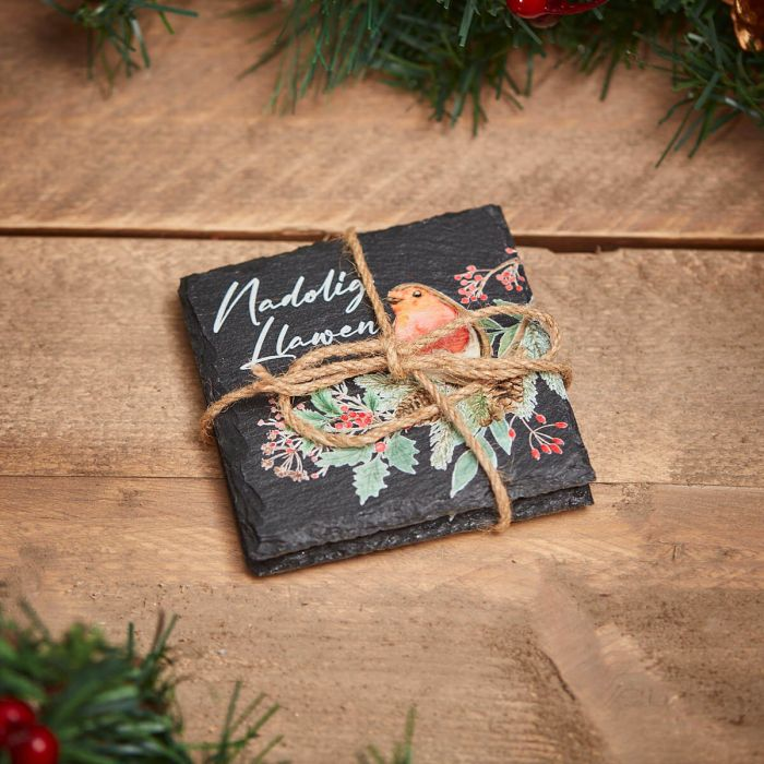 Nadolig Llawen slate coasters - robin - set of 2
