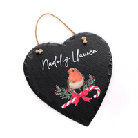 Welsh Robin with Bow 'Nadolig Llawen' Slate Heart Hanger