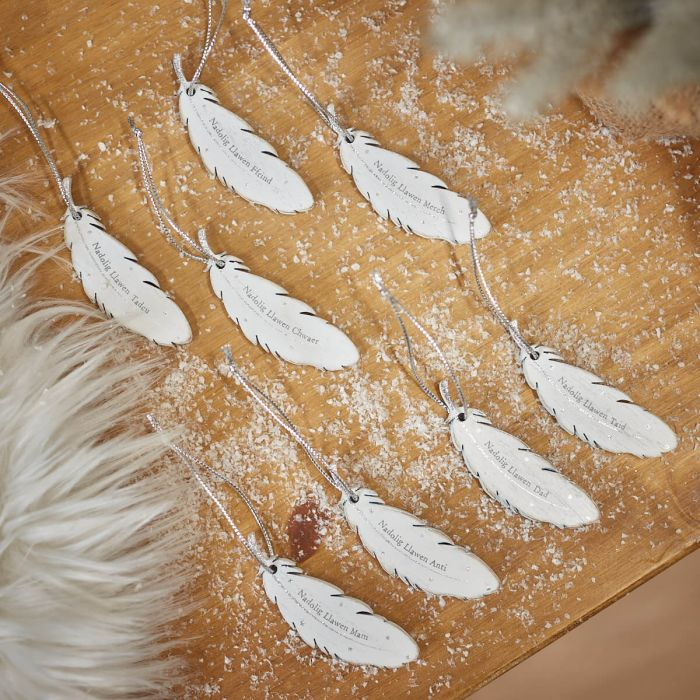 Wooden Christmas Decoration - Nadolig Llawen - White Feather