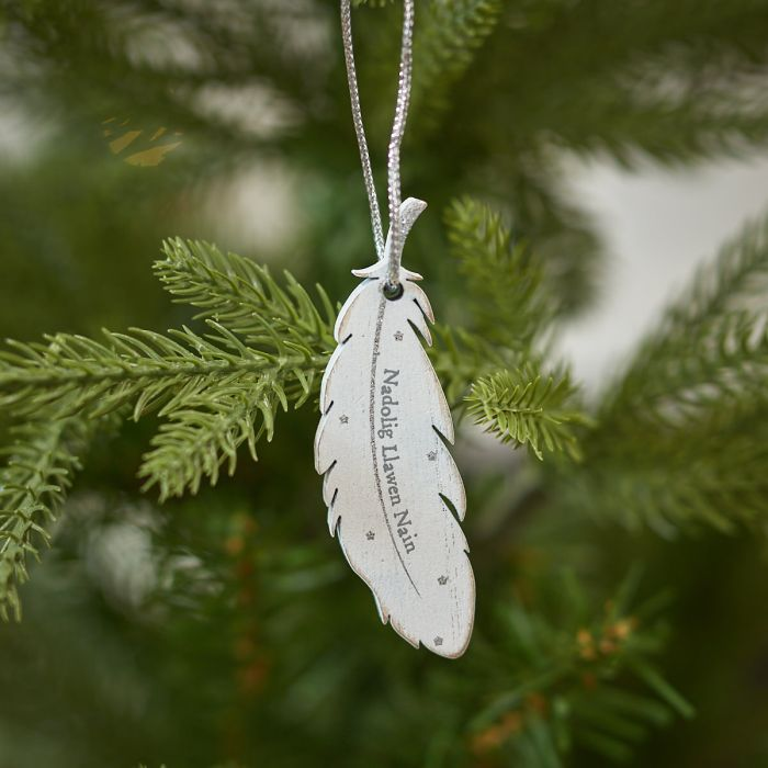 Wooden Christmas Decoration - Nadolig Llawen - White Feather
