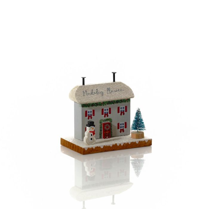 Welsh Nadolig Llawen wooden Christmas cottage with snowman