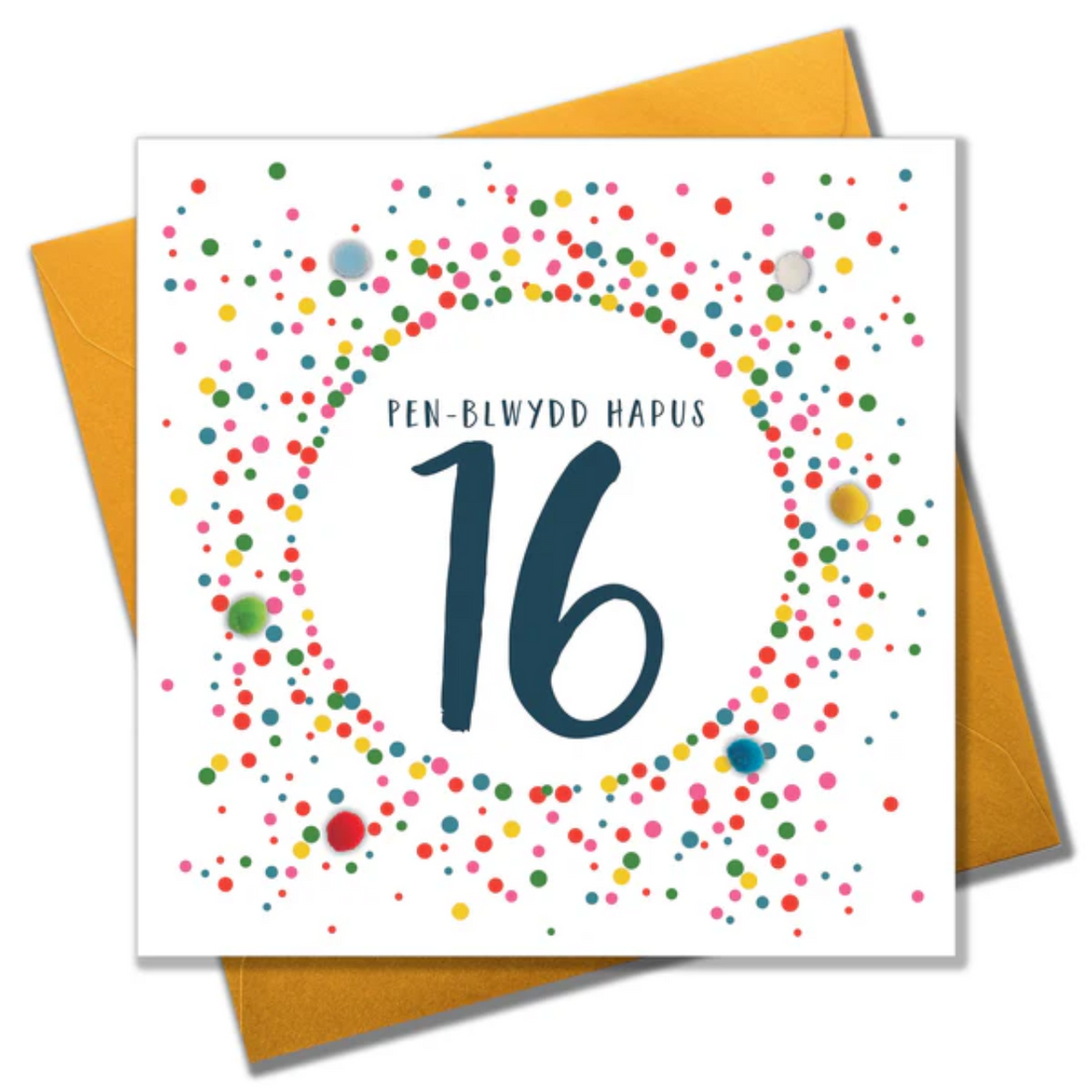Birthday card - Pen-Blwydd Hapus 16 - Pompoms