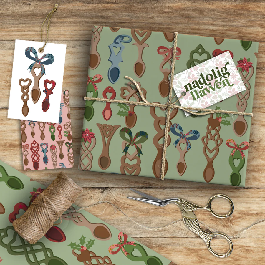 Christmas wrapping paper & tags - festive lovespoons
