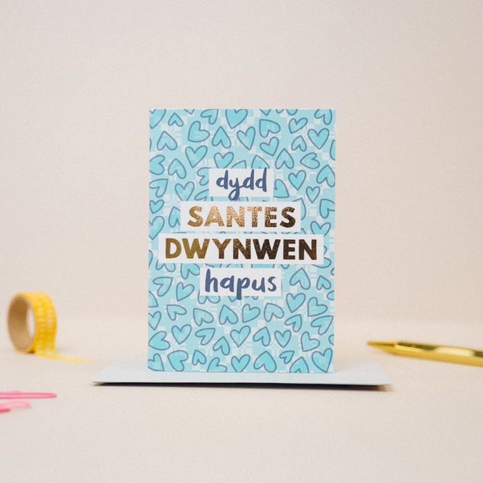Love card 'Dydd Santes Dwynwen Hapus' blue hearts