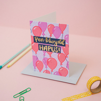 Birthday card 'Penblwydd Hapus' purple balloons