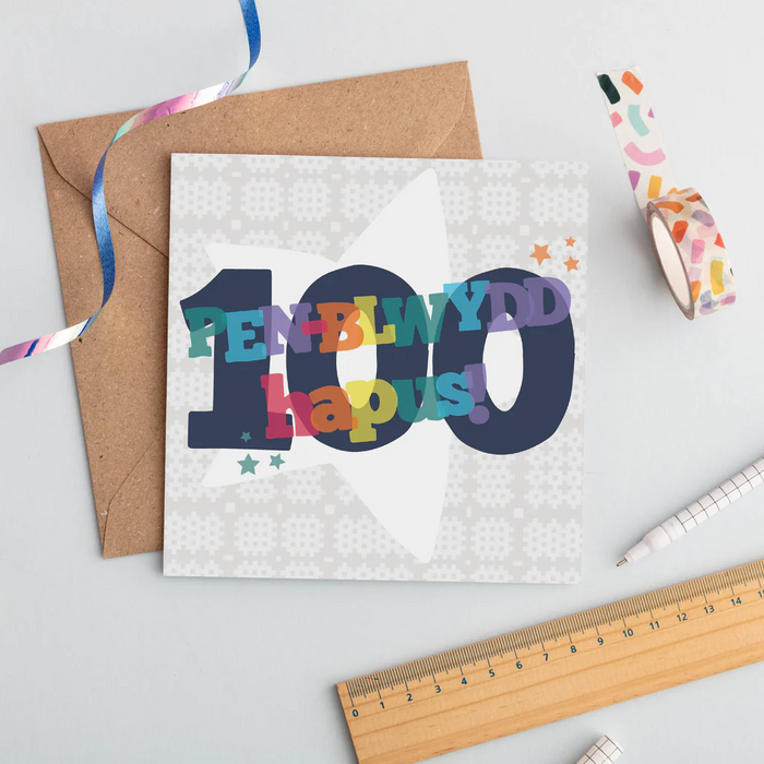 Birthday card 'Pen-blwydd Hapus 100' enfys