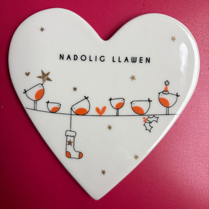 Welsh porcelain heart coaster - Nadolig Llawen - Robins