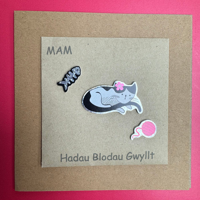 Mother's day card 'Mam' handmade with wild flower seeds - cat, wool, fish
