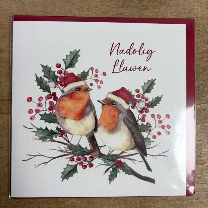 Christmas card 'Nadolig Llawen' Pair of Robins