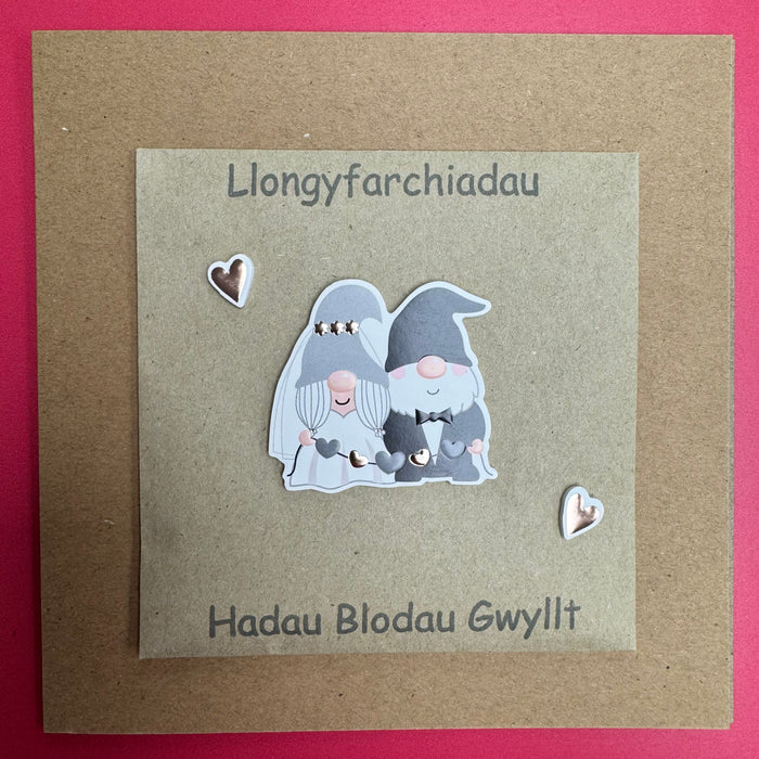 Wedding card 'Llongyfarchiadau' handmade with wild flower seeds - gonks