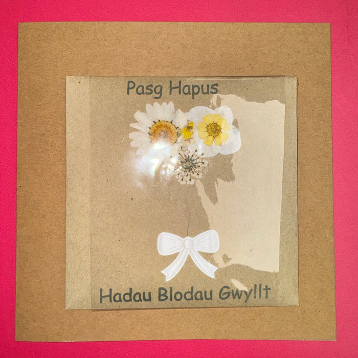 Easter card 'Pasg Hapus' handmade with wild flower seeds - pressed flowers
