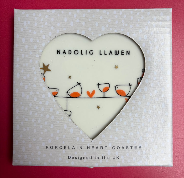 Welsh porcelain heart coaster - Nadolig Llawen - Robins