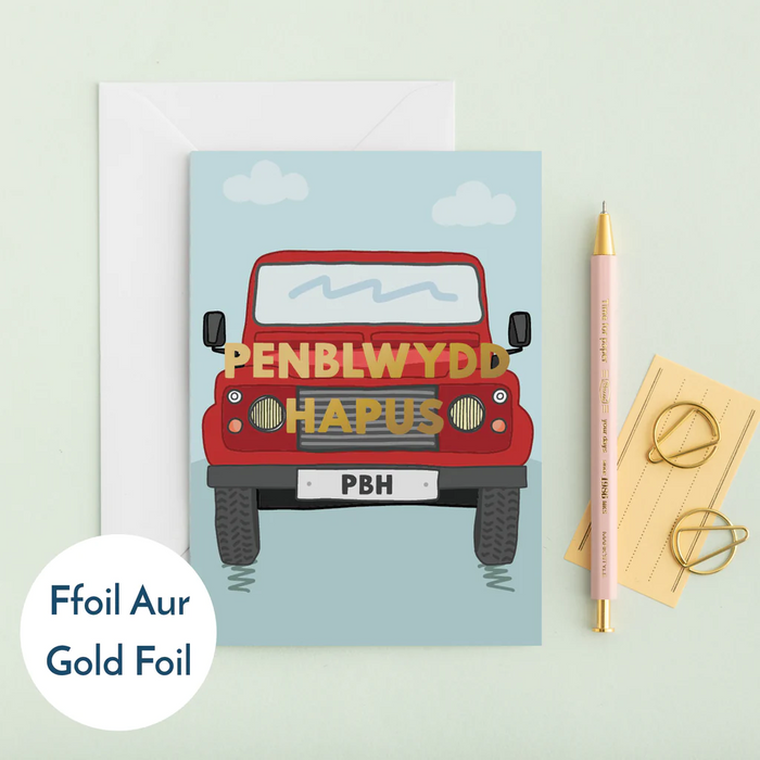Welsh birthday card 'Penblwydd Hapus' red land rover