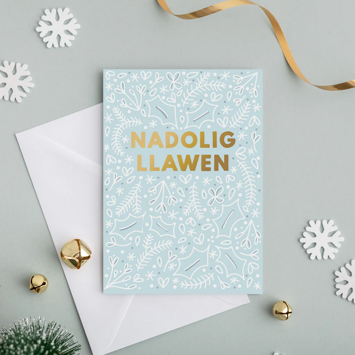 Welsh Christmas card 'Nadolig Llawen' blue gold foil