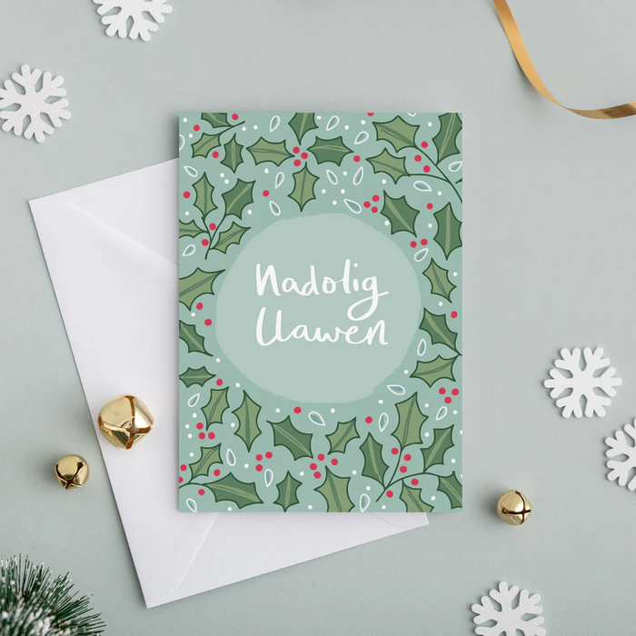 Welsh Christmas card 'Nadolig Llawen' holly