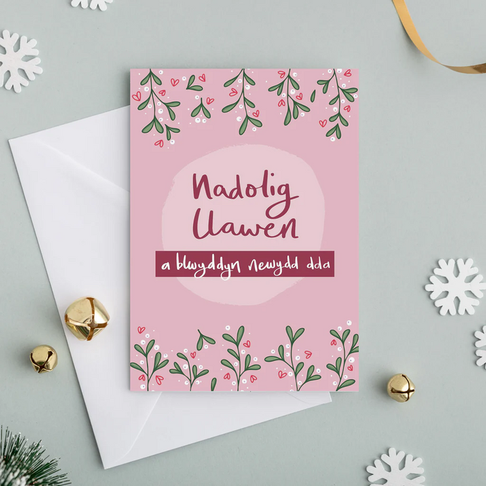 Welsh Christmas card 'Nadolig Llawen a blwyddyn newydd dda' mistletoe