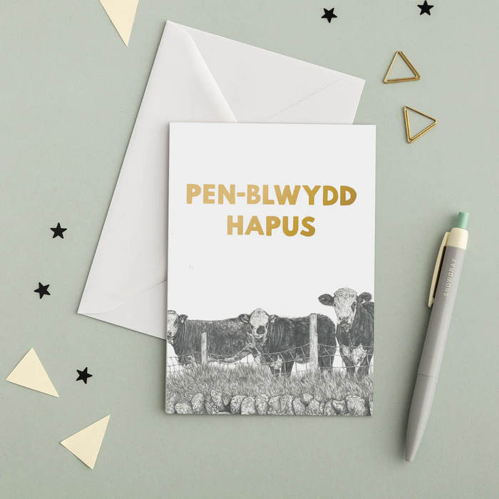 Birthday card 'Penblwydd Hapus' Cows - Lleucu Howatson