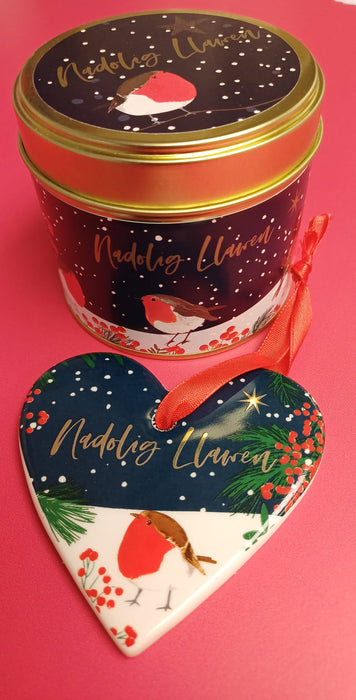 Ceramic Christmas Decoration - Robins - Heart