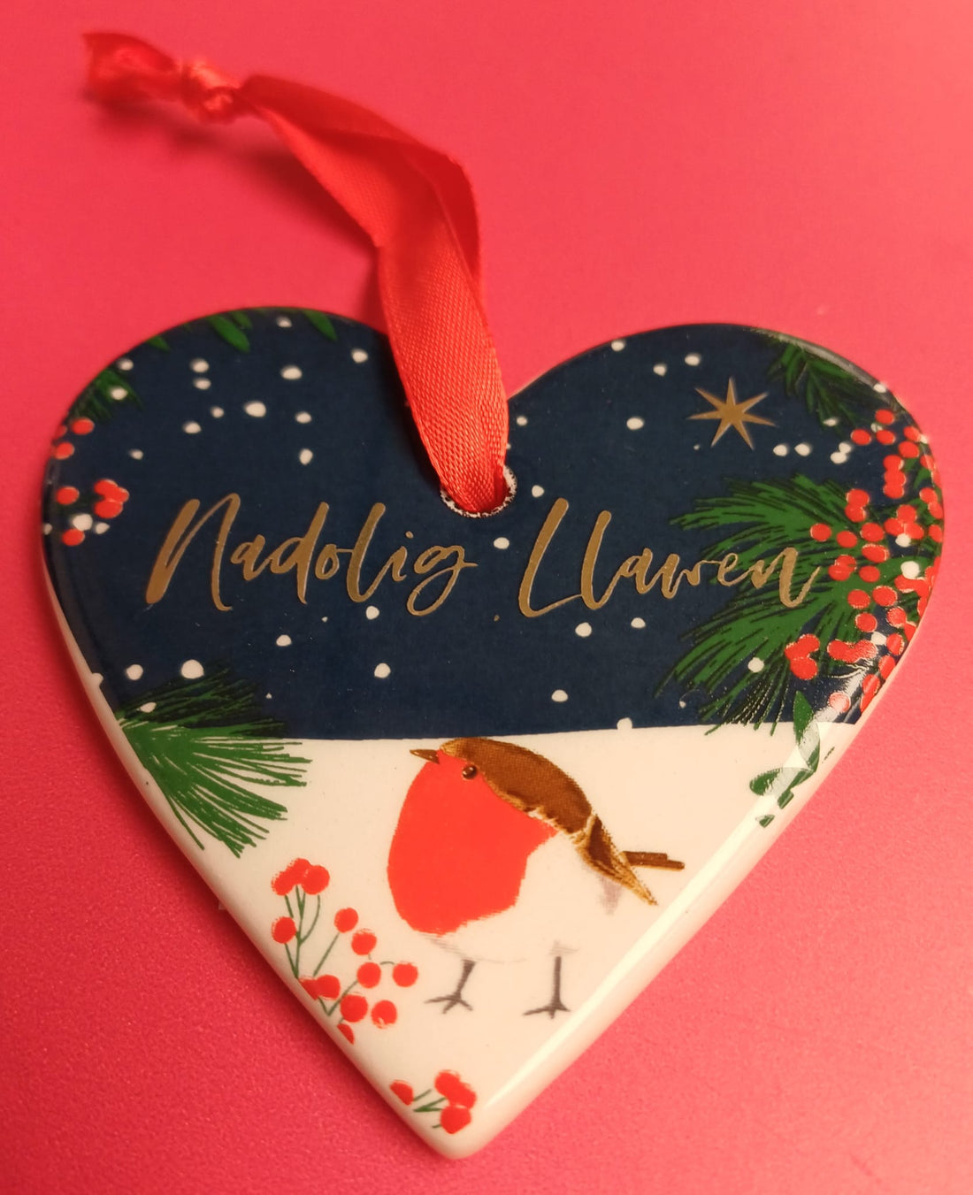 Ceramic Christmas Decoration - Robins - Heart