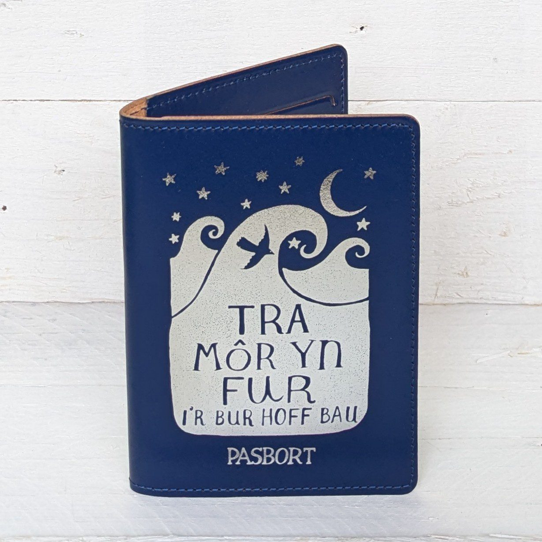 Welsh Leather Passport Cover - Tra MÃ´r yn Fur - Blue