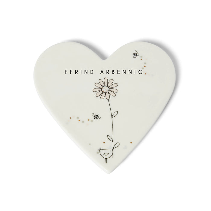 Welsh porcelain heart coaster - Ffrind Arbennig - Wildflowers