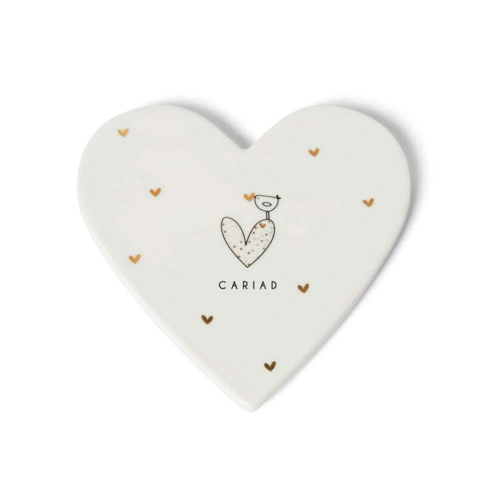 Welsh porcelain heart coaster - Cariad - Lovebird