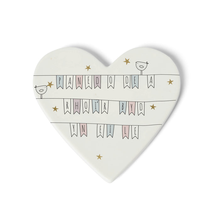 Welsh porcelain heart coaster - Paned o De - Bunting
