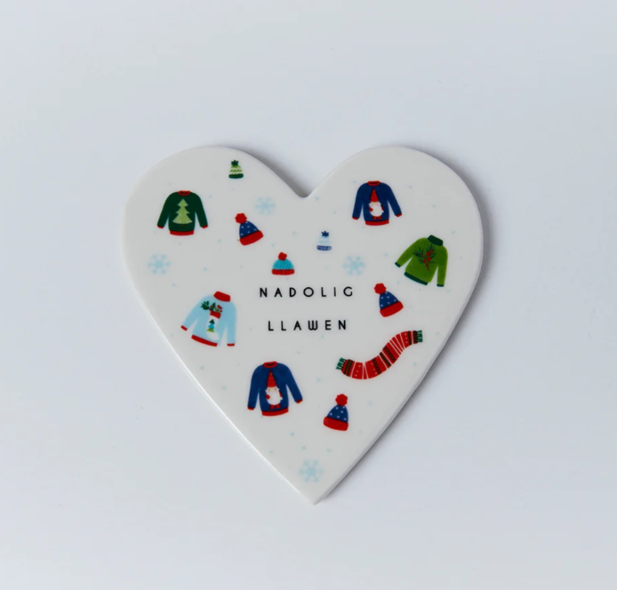 Welsh porcelain heart coaster - Nadolig Llawen - Ditsy Jumpers