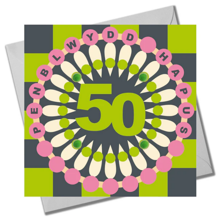 Welsh 50th Birthday Card - Chequers - Pompoms