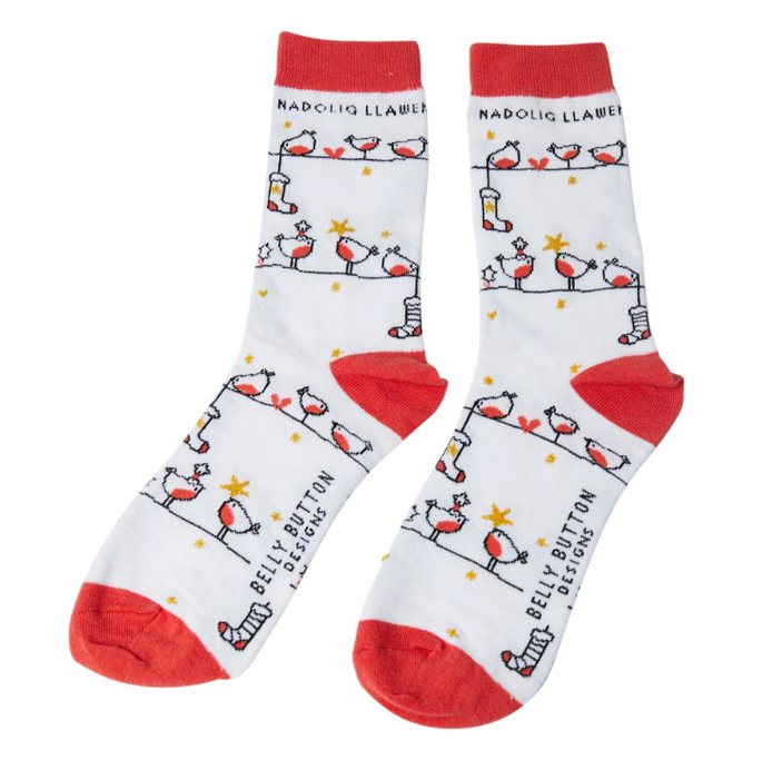 Christmas Bamboo Gift Socks - Nadolig Llawen - Robins