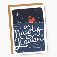 Welsh Christmas card 'Nadolig Llawen' Santa at sea
