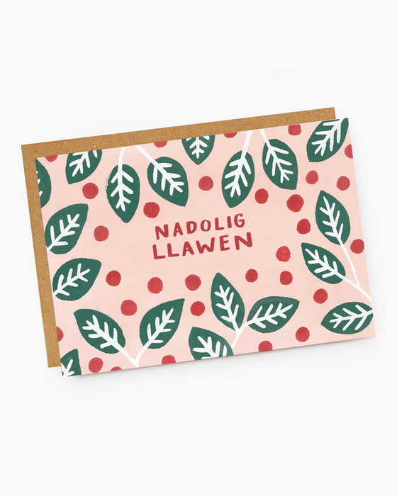 Welsh Christmas card 'Nadolig Llawen' pink holly