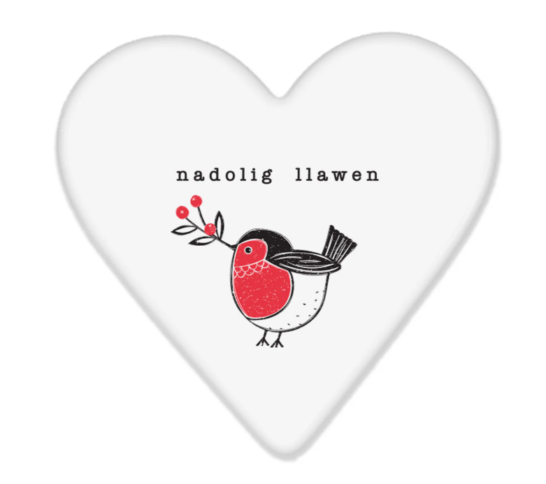 Welsh porcelain heart coaster - Nadolig Llawen - Robin