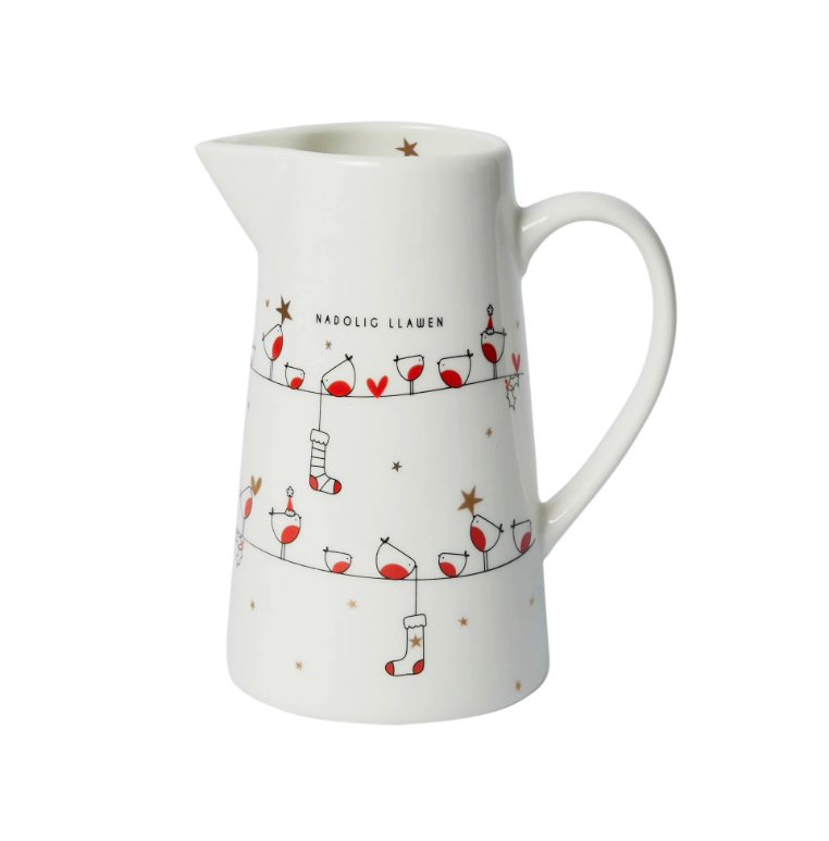 Large Ceramic Jug - Nadolig Llawen - Robin on a Line