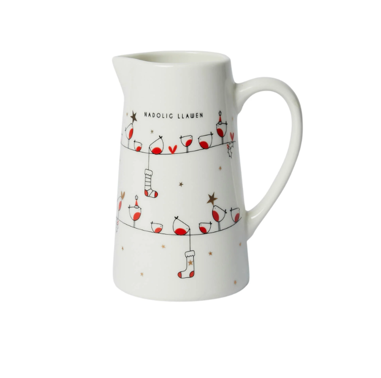 Medium Ceramic Jug - Nadolig Llawen - Robin on a Line