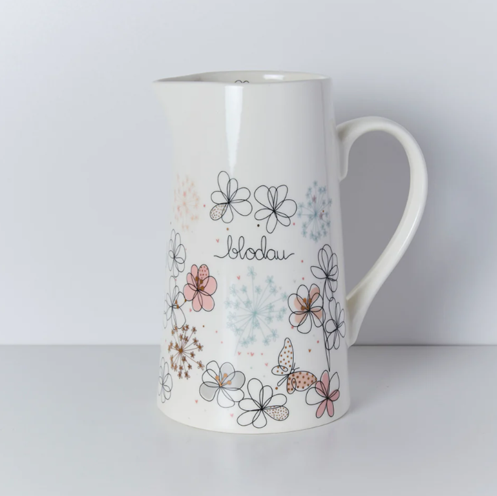 Extra Large Ceramic Jug - Blodau - Flowers & Butterflies