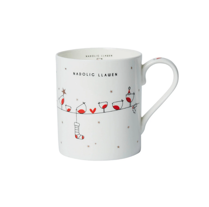 Bone China Christmas Mug - Nadolig Llawen - Robins