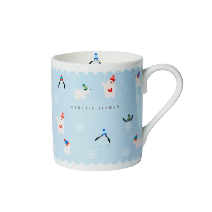 Bone China Christmas Mug - Nadolig Llawen - Penguins & Polar Bears