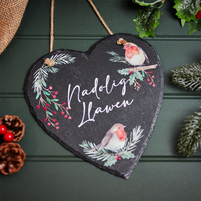 Christmas Heart Slate Plaque - Robins - 'Nadolig Llawen'