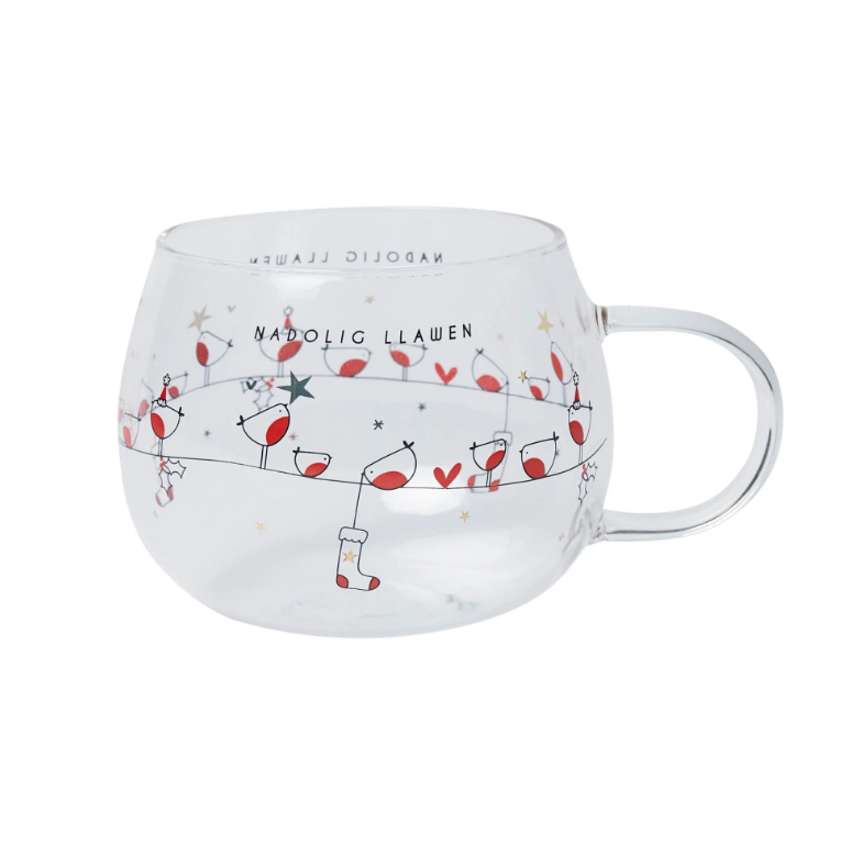 Glass Mug - Nadolig Llawen - Robins on a Line