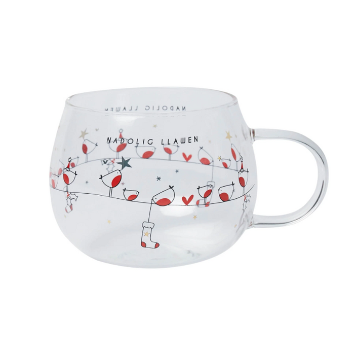 Glass Mug - Nadolig Llawen - Robins on a Line