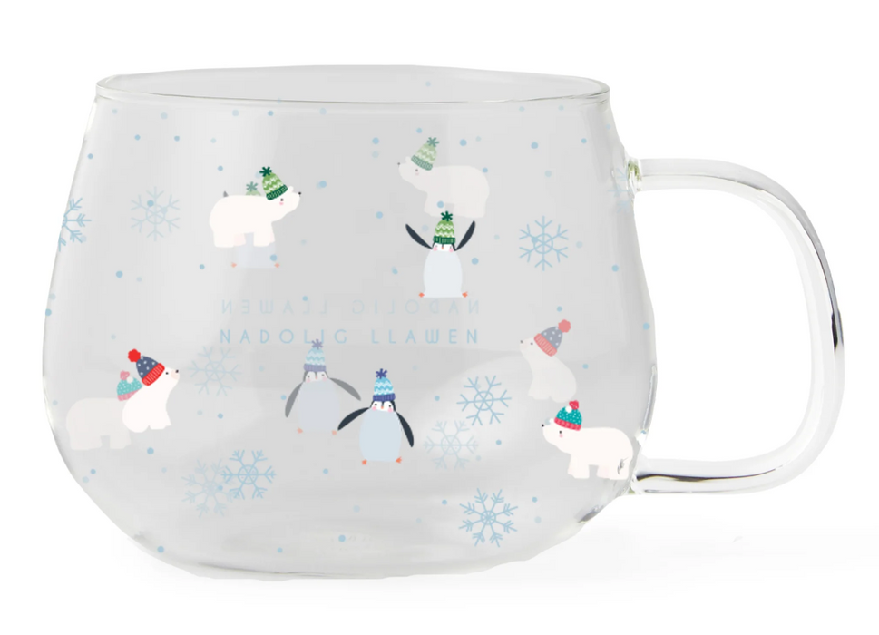 Glass Mug - Nadolig Llawen - Penguins & Polar Bears