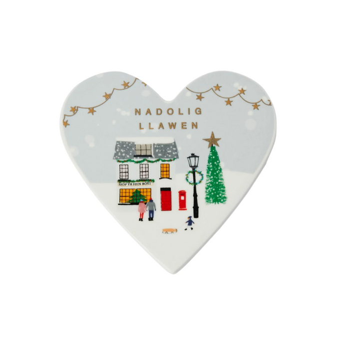 Welsh porcelain heart coaster - Nadolig Llawen - Street Scene