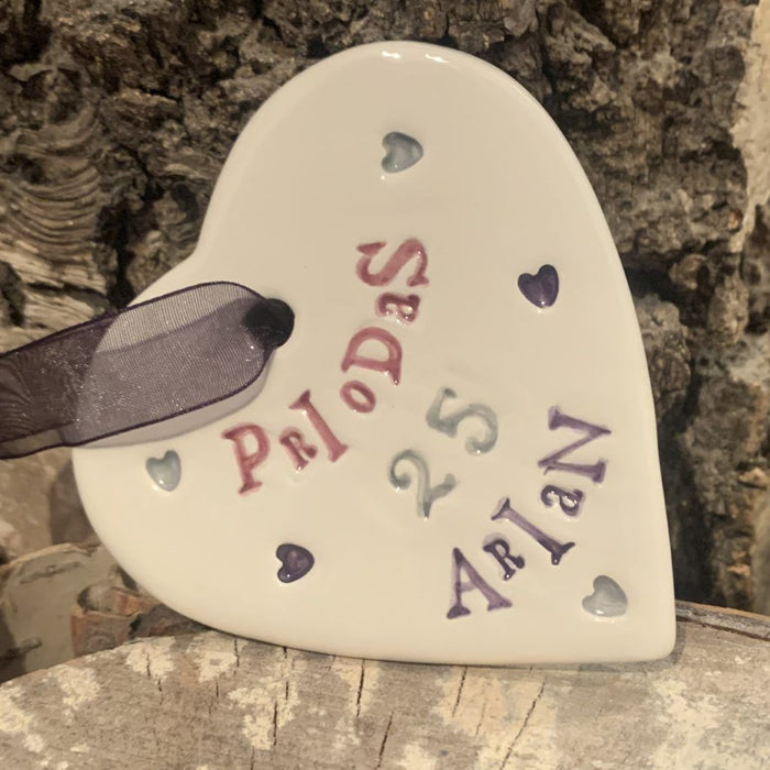 Hand-made Ceramic Heart - Priodas 25 Arian