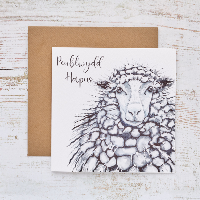 Birthday card 'Pen-blwydd Hapus' snowy sheep