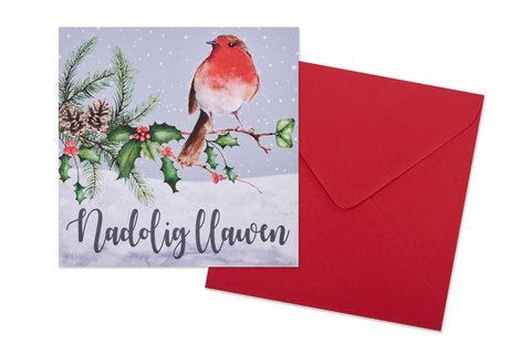 Christmas card 'Nadolig Llawen' robins & holly