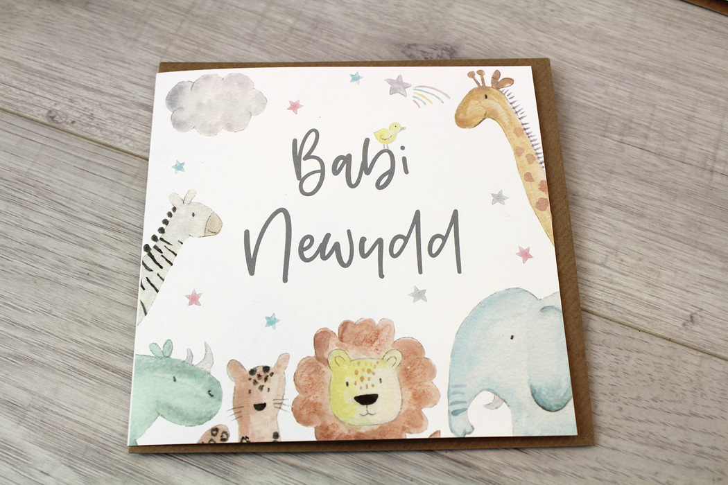 New baby card 'Babi Newydd' animals